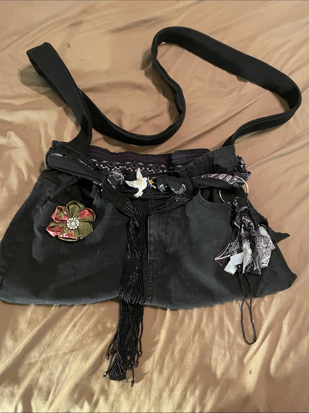 Handmade black denim crossbody bag lined 18x10